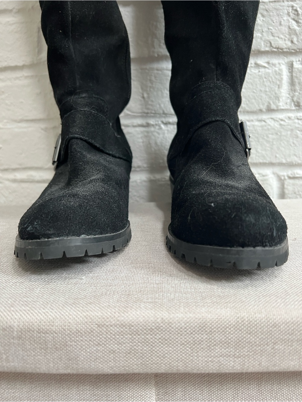 SOLE SOCIETY Black Suede Over the Knee Boots with Low heel Lug sole Buckles - Picture 6 of 16